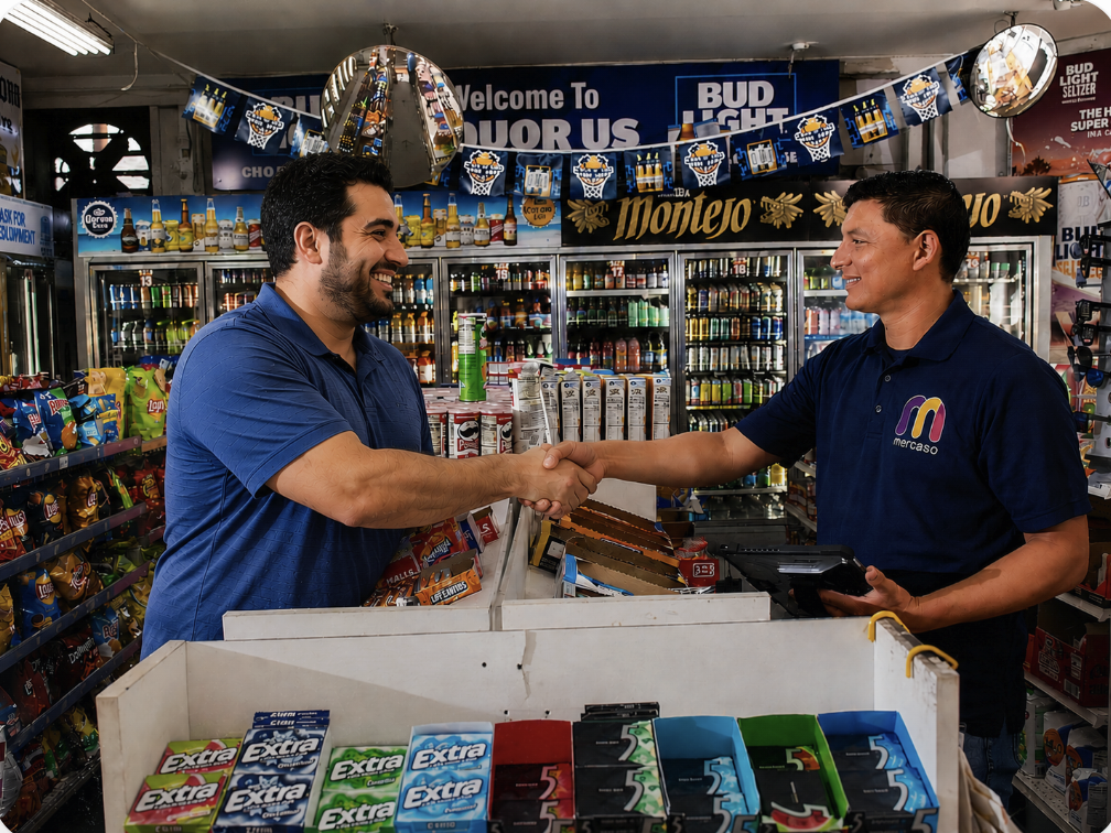 Mercaso representative shaking hands with a small business shop owner at their counter